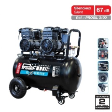 Compresseur mobile 100 litres silencieux 3 CV 8 bars 15,6 m3/h, 4 cylindres