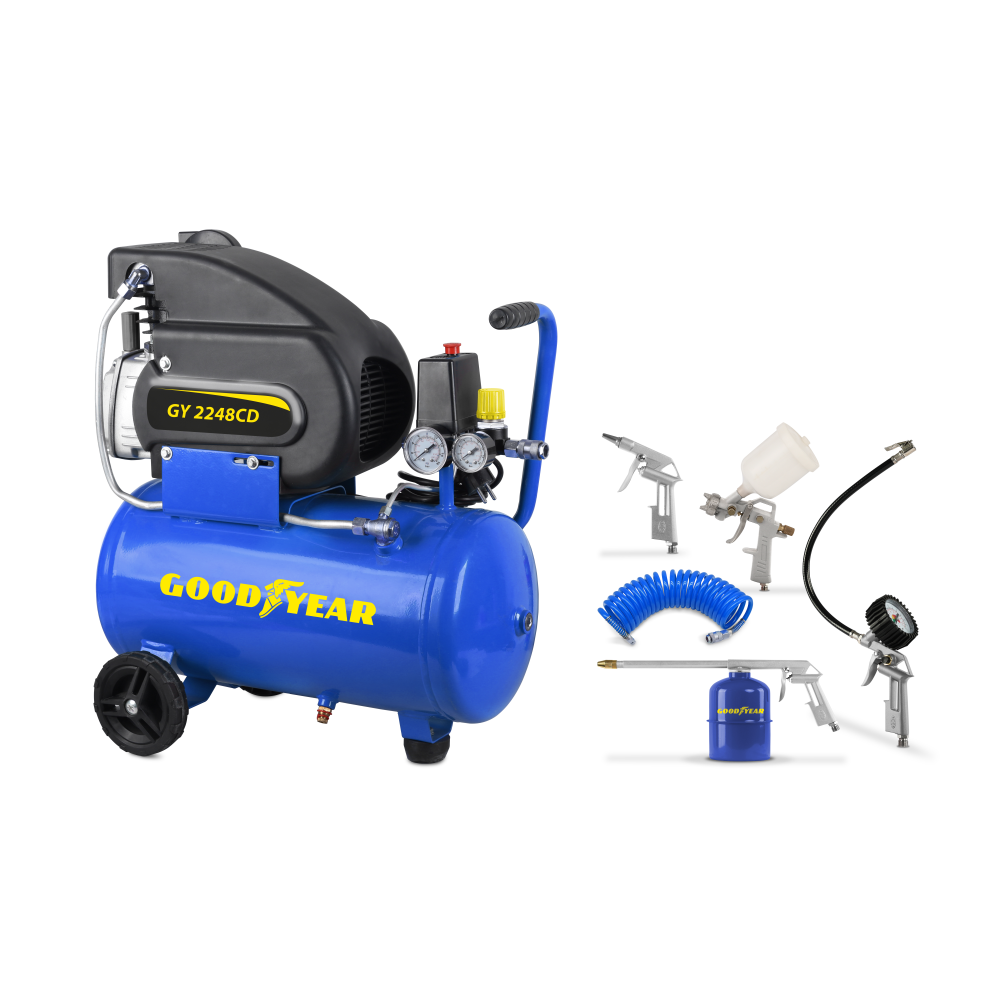 Compresseur électrique 24 L - 2 CV + kit 5 accessoires GOODYEAR Compresseur électrique 24 L - 2 CV + kit 5 accessoires GOODYEAR