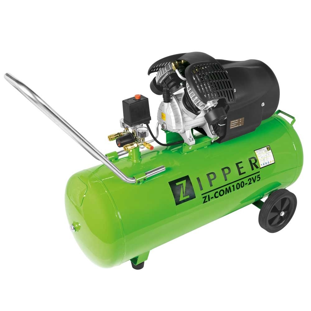 Compresseur 100 litres Zipper ZI-COM100-2V5 bi-cylindre en V livré avec kit accessoires 5 pièces Compresseur 100 litres Zipper ZI-COM100-2V5 bi-cylindre en V livré avec kit accessoires 5 pièces